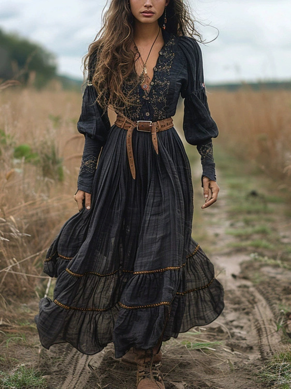 ZARA Vintage Country Style Women Long Sleeve Casual Maxi Dress